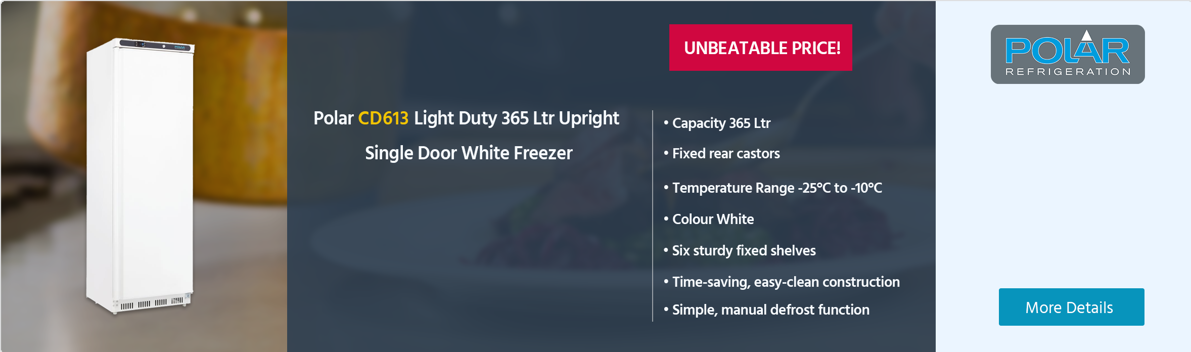 Polar C-Series CD613 Light Duty 365 Ltr Upright Single Door White Freezer