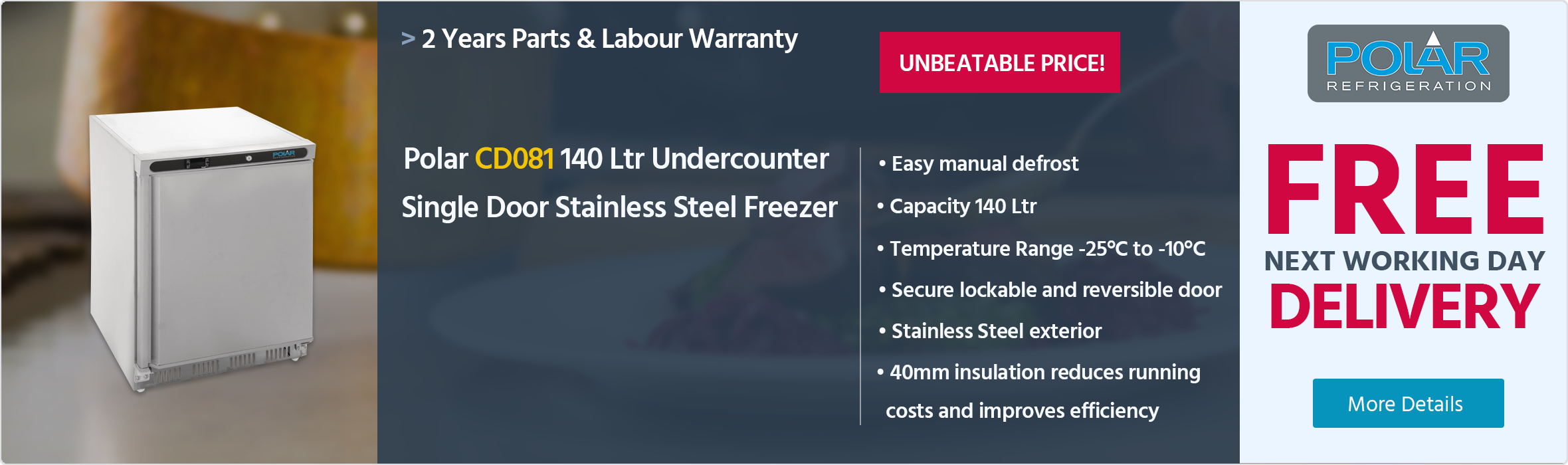 Polar C-Series CD081 140 Ltr Undercounter Single Door Stainless Steel Freezer