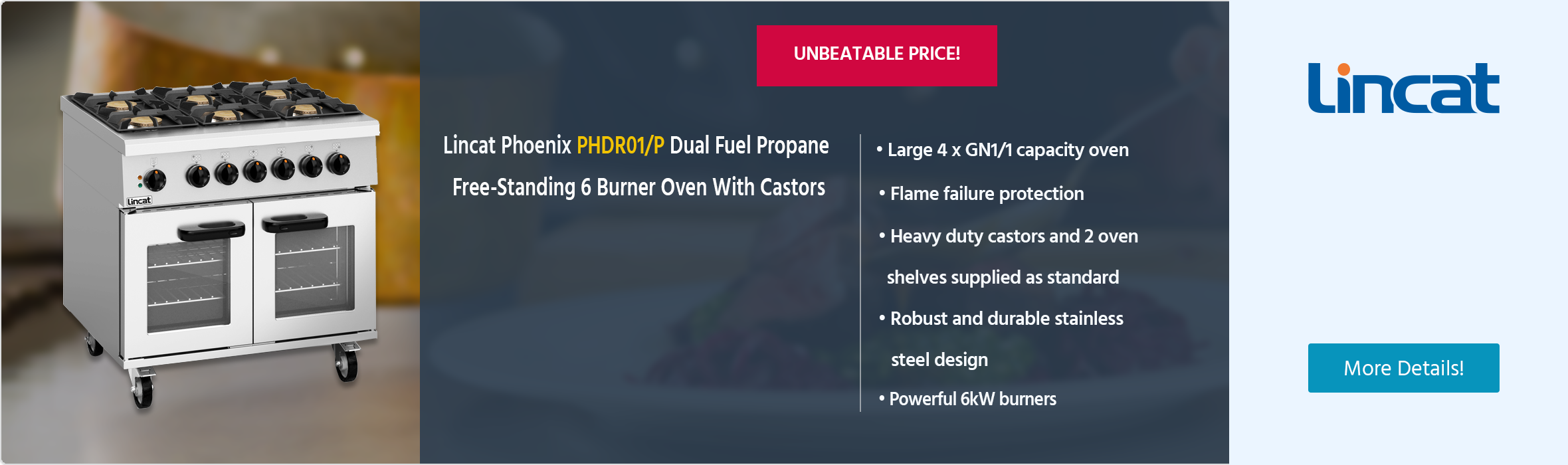 Lincat Phoenix PHDR01/P Dual Fuel Propane Free-Standing 6 Burner Oven With Castors