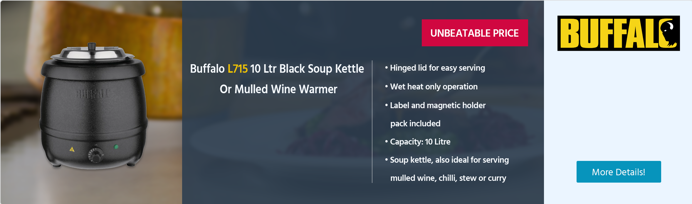 Buffalo L715 10 Ltr Black Soup Kettle / Mulled Wine Warmer