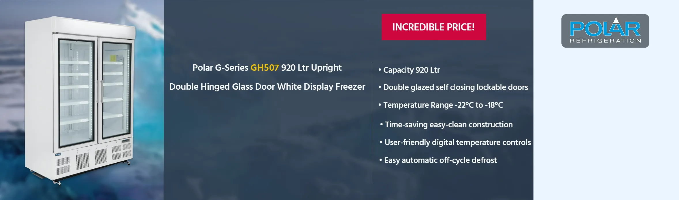 Polar G-Series GH507 920 Ltr Upright Double Hinged Glass Door White Display Freezer