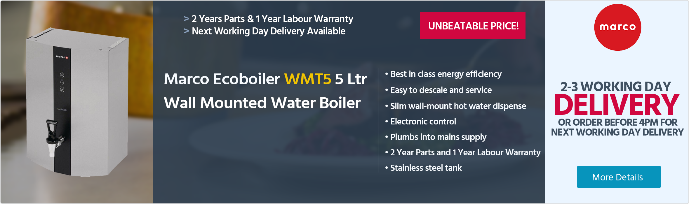Marco Beverage Systems Ecoboiler WMT5 5 Ltr Wall Mounted Water Boiler