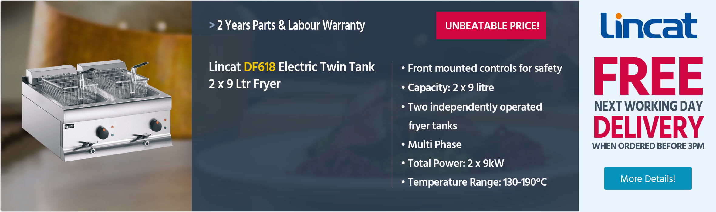 Lincat Silverlink 600 DF618 2 x 9 Ltr Electric Countertop Twin Tank Fryer (2 x Baskets)