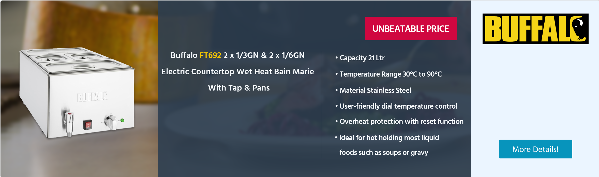Buffalo FT692 2 x 1/3GN & 2 x 1/6GN Electric Countertop Wet Heat Bain Marie With Tap & Pans