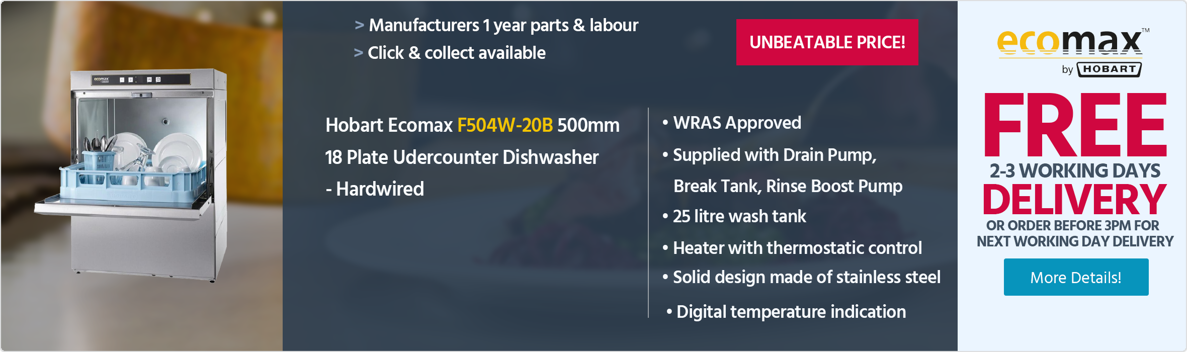 Hobart Ecomax F504W-20B 500mm 18 Plate WRAS Approved Undercounter Dishwasher With Drain Pump, Break Tank And Rinse Boost Pump - Hardwired