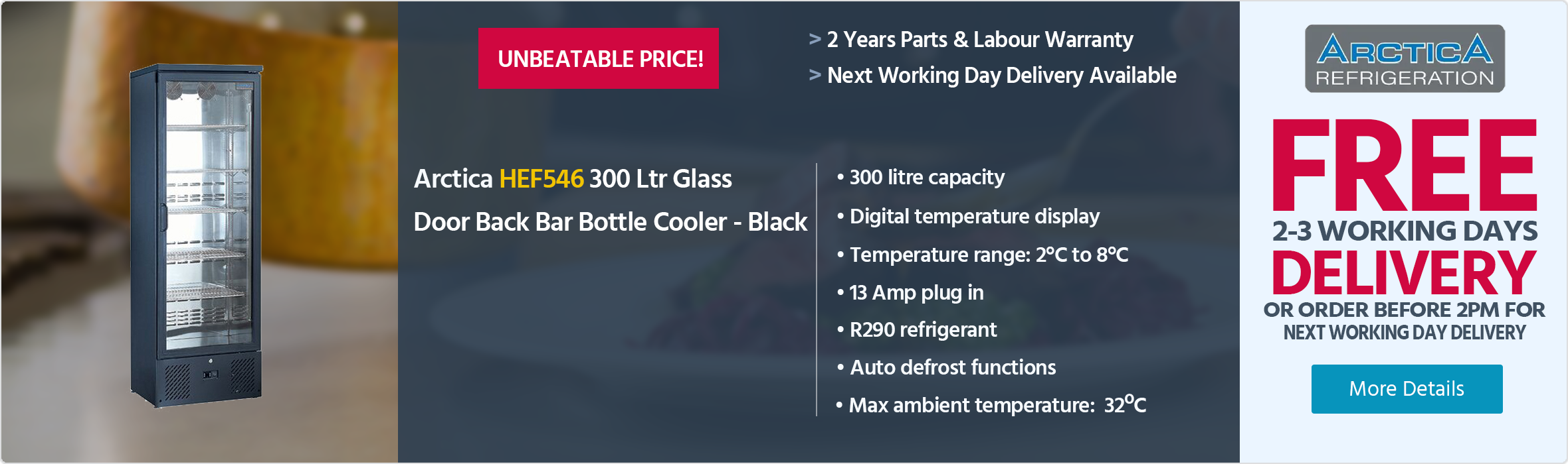 Arctica HEF546 300 Ltr Upright Single Glass Door Black Back Bar Bottle Cooler