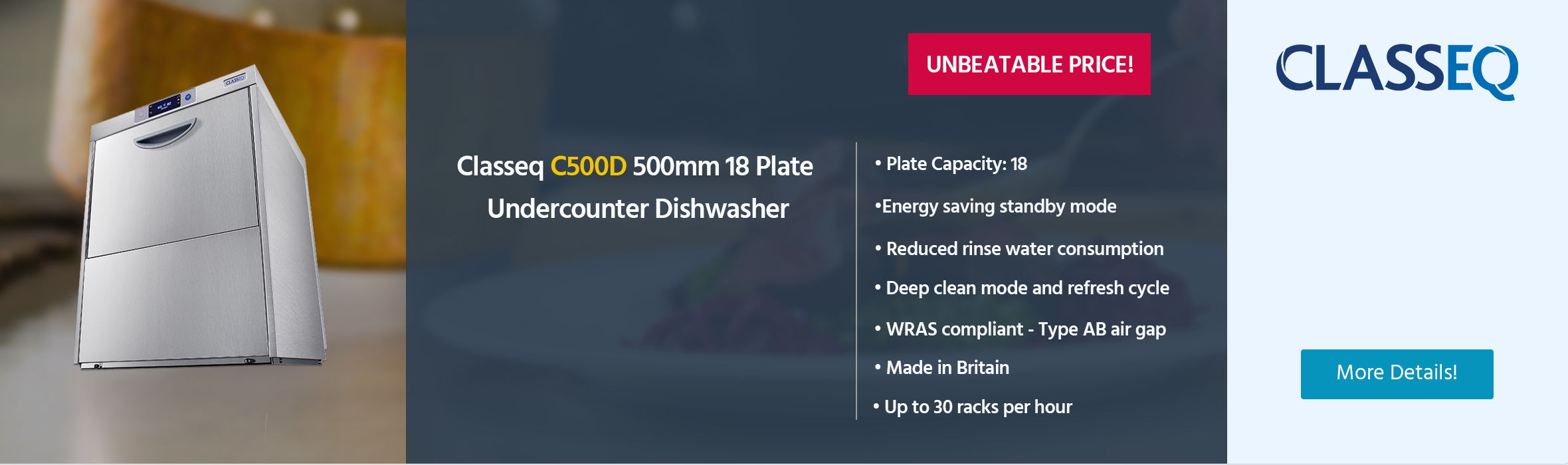 Classeq C500D 500mm 18 Plate Undercounter Dishwasher