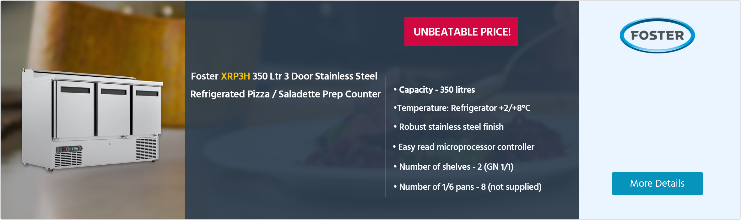 Foster XRP3H 350 Ltr 3 Door Stainless Steel Refrigerated Pizza / Saladette Prep Counter