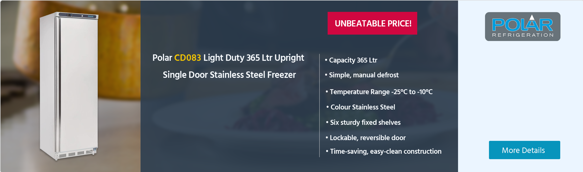 Polar C-Series CD083 Light Duty 365 Ltr Upright Single Door Stainless Steel Freezer