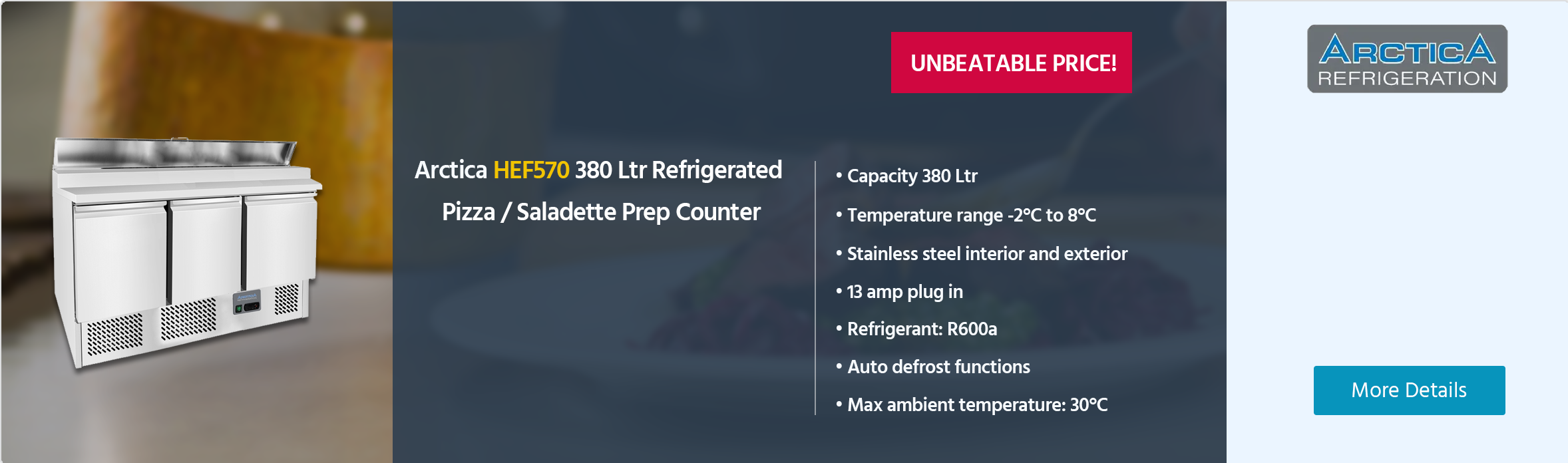 Arctica HEF570 380 Ltr 3 Door Stainless Steel Refrigerated Pizza/Saladette Prep Counter