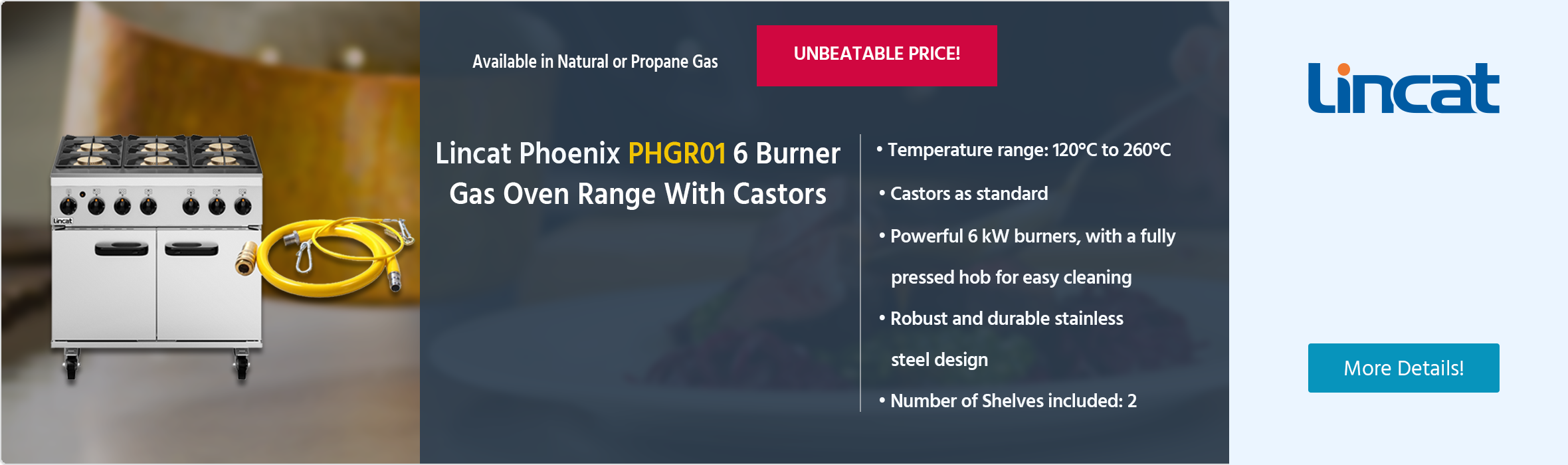 Lincat Phoenix PHGR01 Gas Free-Standing 6 Burner Oven With Castors