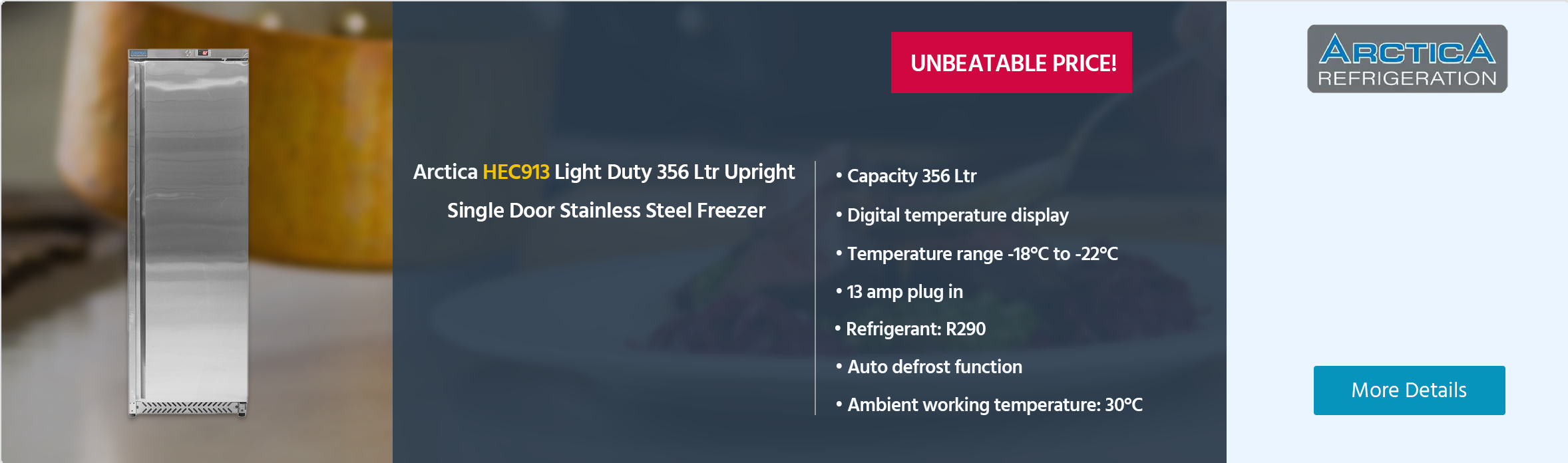 Arctica HEC913 Light Duty 356 Ltr Upright Single Door Stainless Steel Freezer