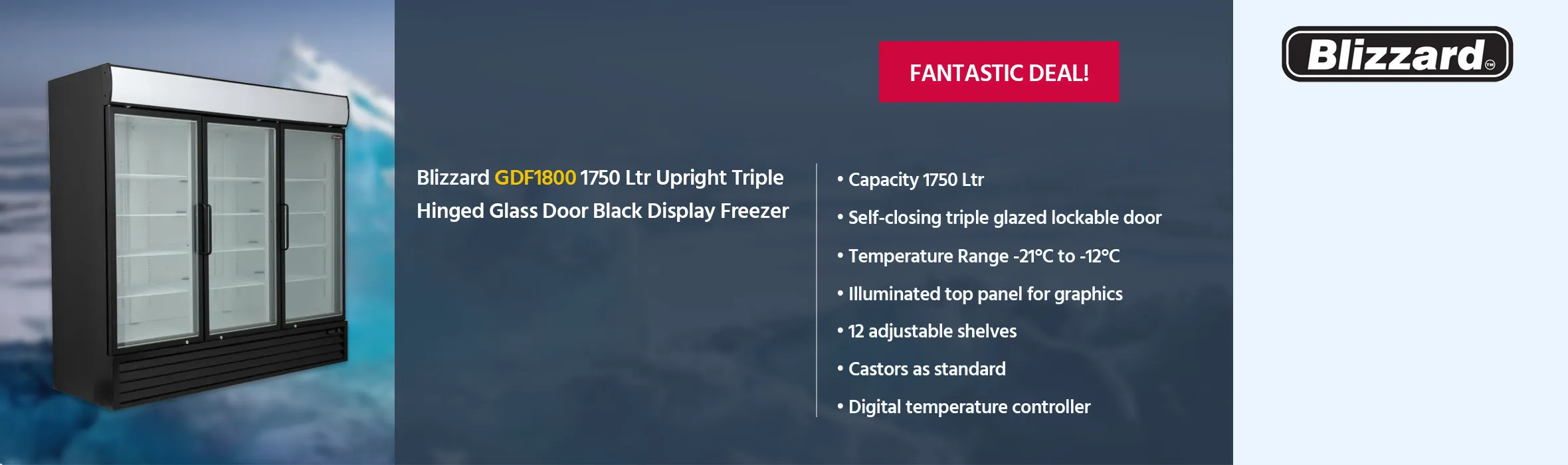 Blizzard GDF1800 1750 Ltr Upright Triple Hinged Glass Door Black Display Freezer