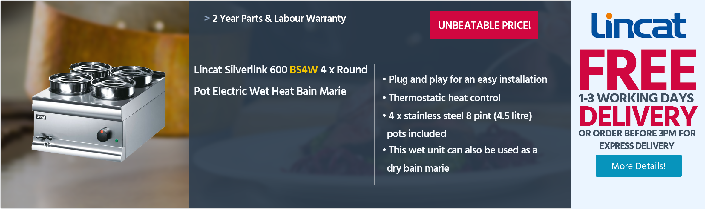 Lincat Silverlink 600 BS4W 4 x Round Pot Electric Countertop Wet Heat Bain Marie