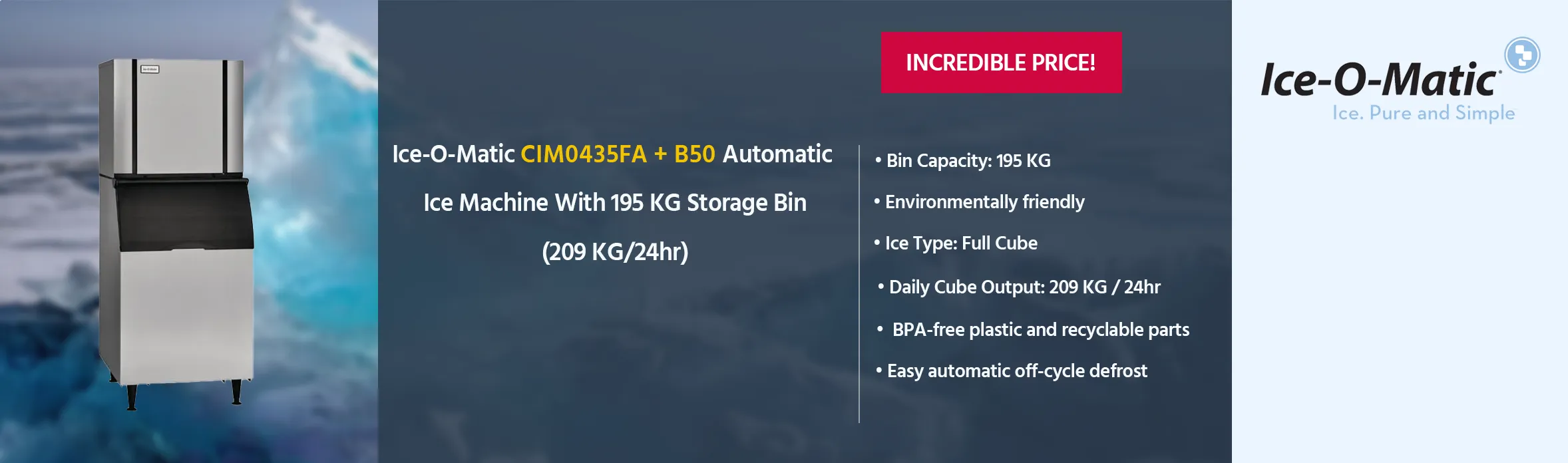 Ice-O-Matic Elevation CIM0435FA + B50 Automatic Modular FULL Cube Ice Machine With 195KG Storage Bin (209Kg/24hr)
