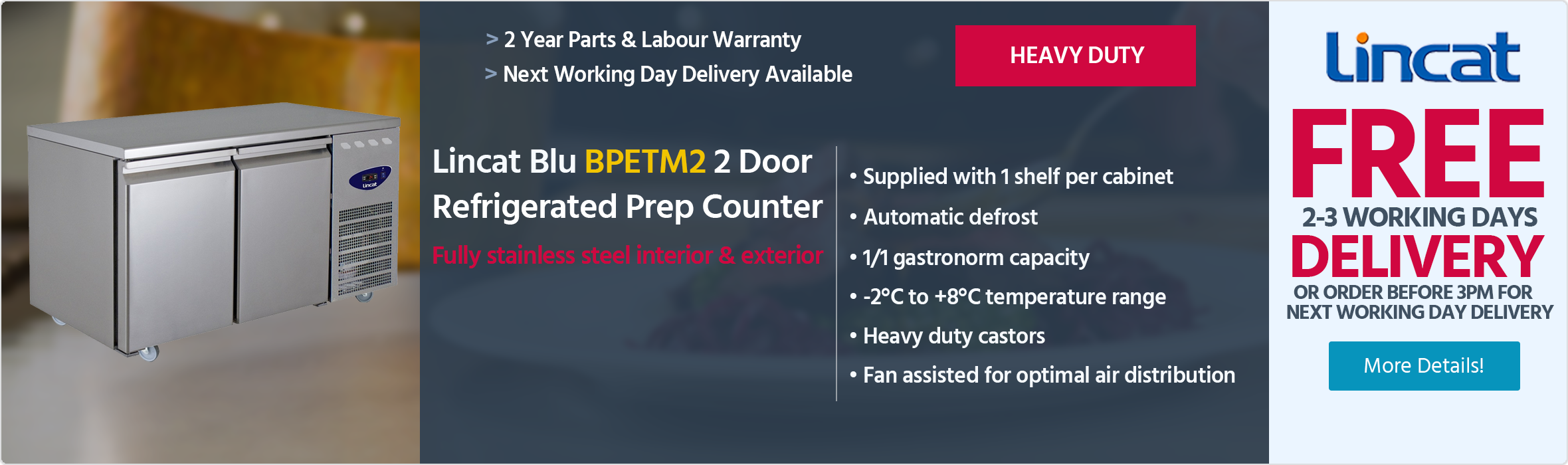 Lincat Blu BPETM2 2 Door Stainless Steel Refrigerated Prep Counter