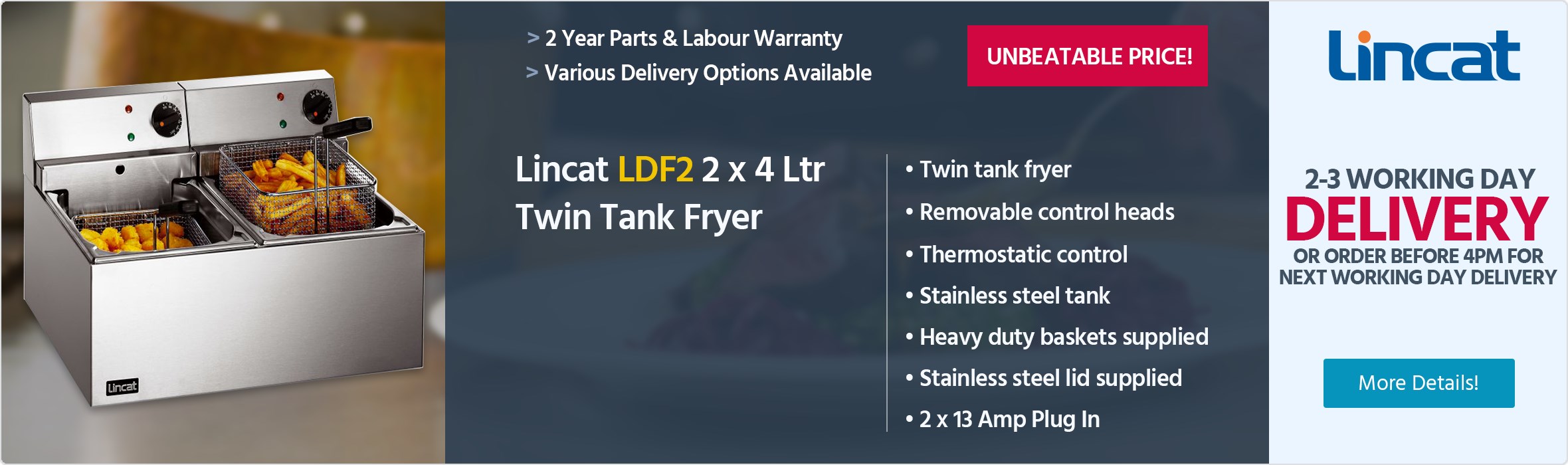 Lincat LDF2 2 x 4 Ltr Twin Tank General Purpose Fryer