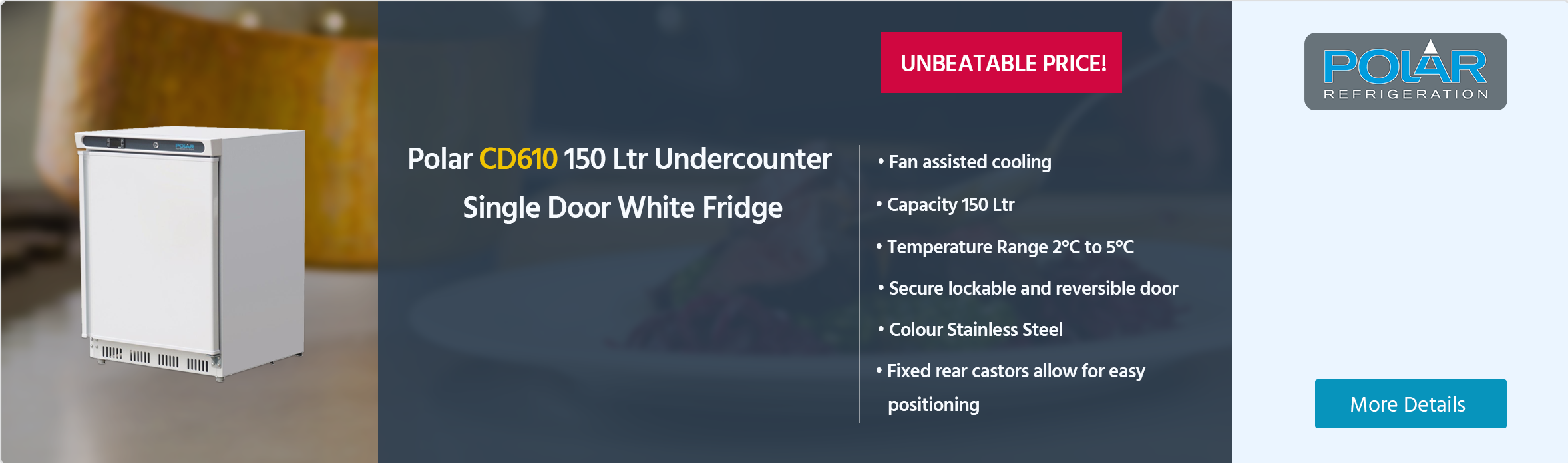Polar C-Series CD610 150 Ltr Undercounter Single Door White Fridge