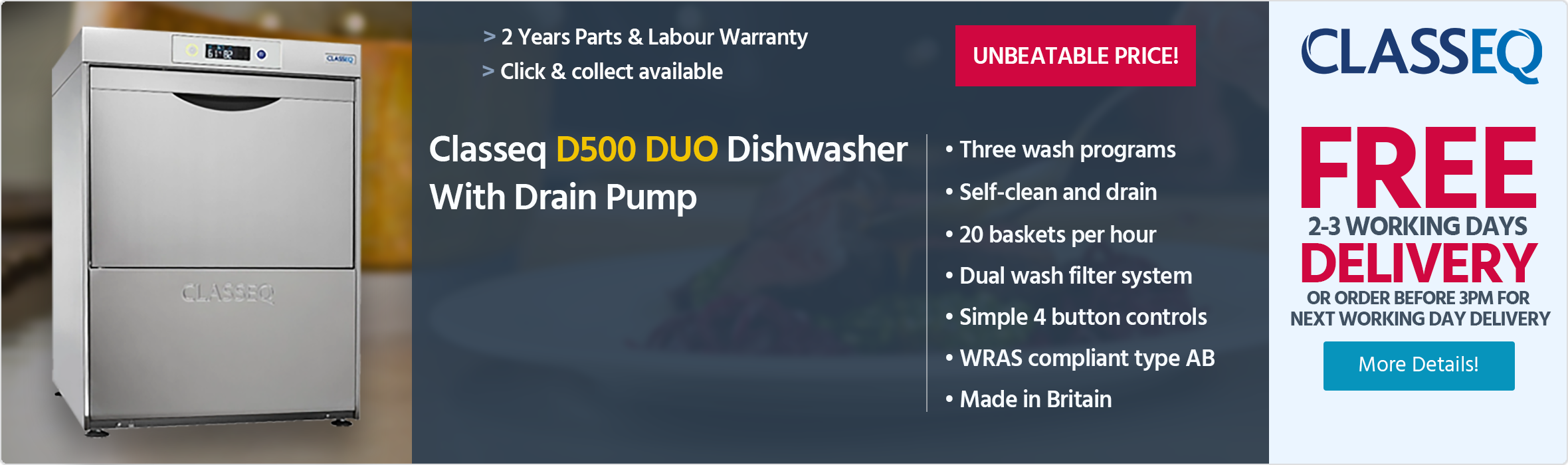 Classeq D500 DUO (DUO750) 500mm 18 Plate Dishwasher With Drain Pump