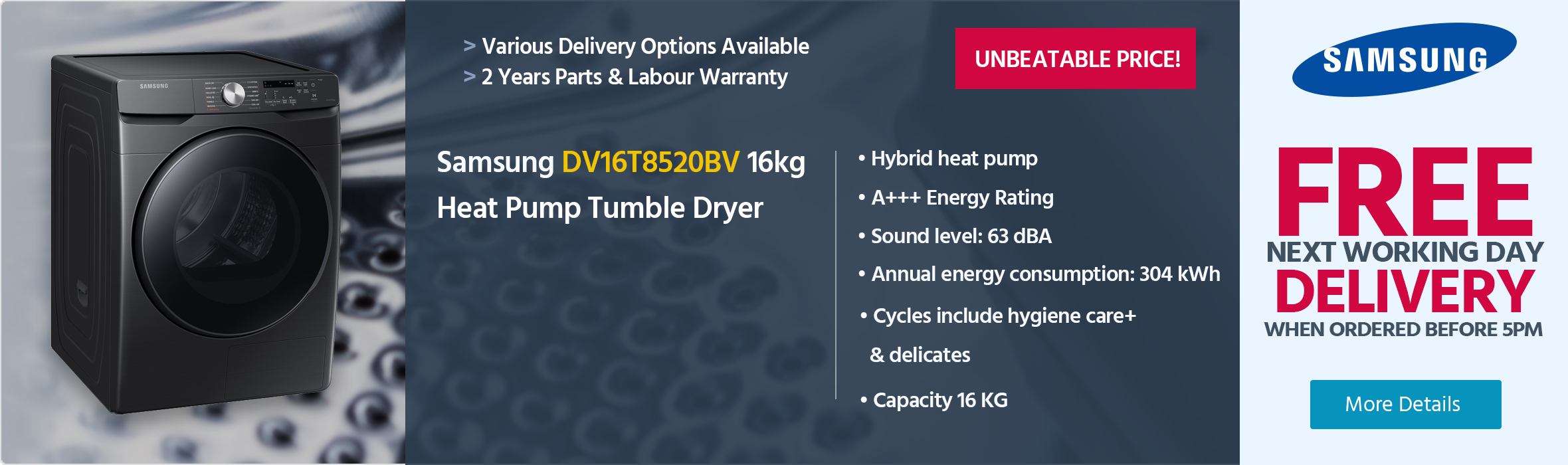 Samsung DV16T8520BV 16kg Heat Pump Tumble Dryer