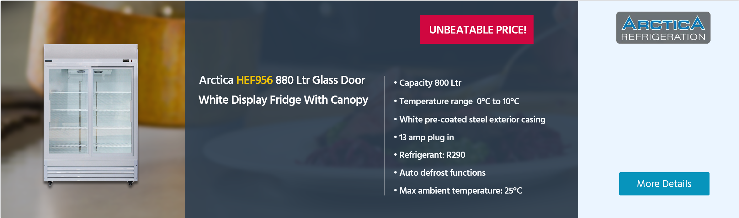 Arctica HEF956 880 Ltr Upright Double Sliding Glass Door White Display Fridge With Canopy