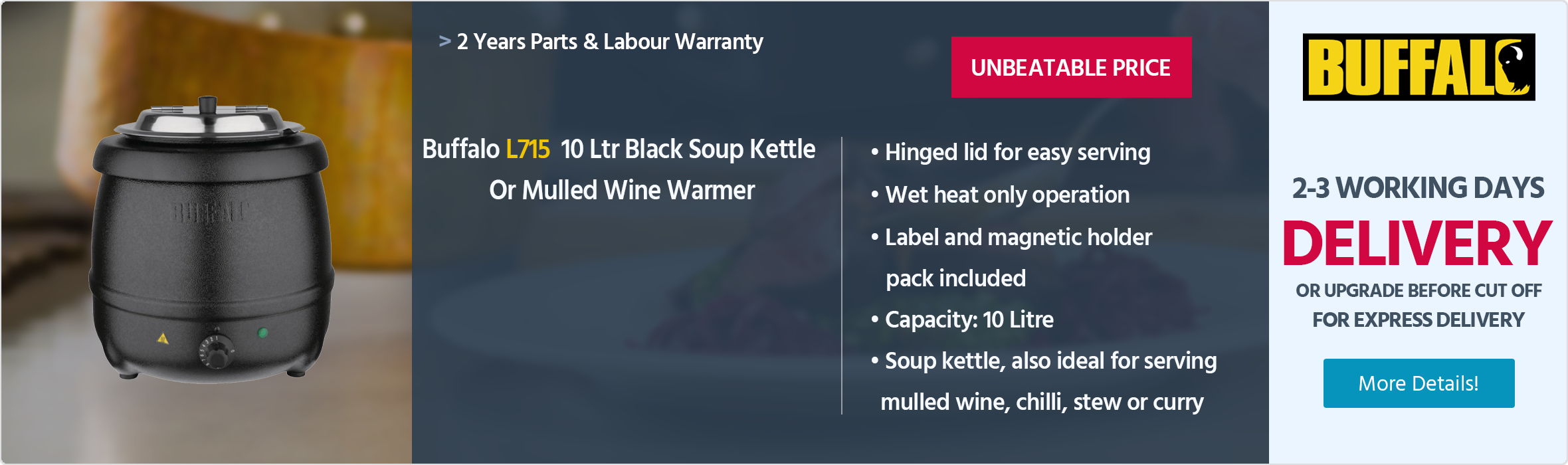 Buffalo L715 10 Ltr Black Soup Kettle / Mulled Wine Warmer