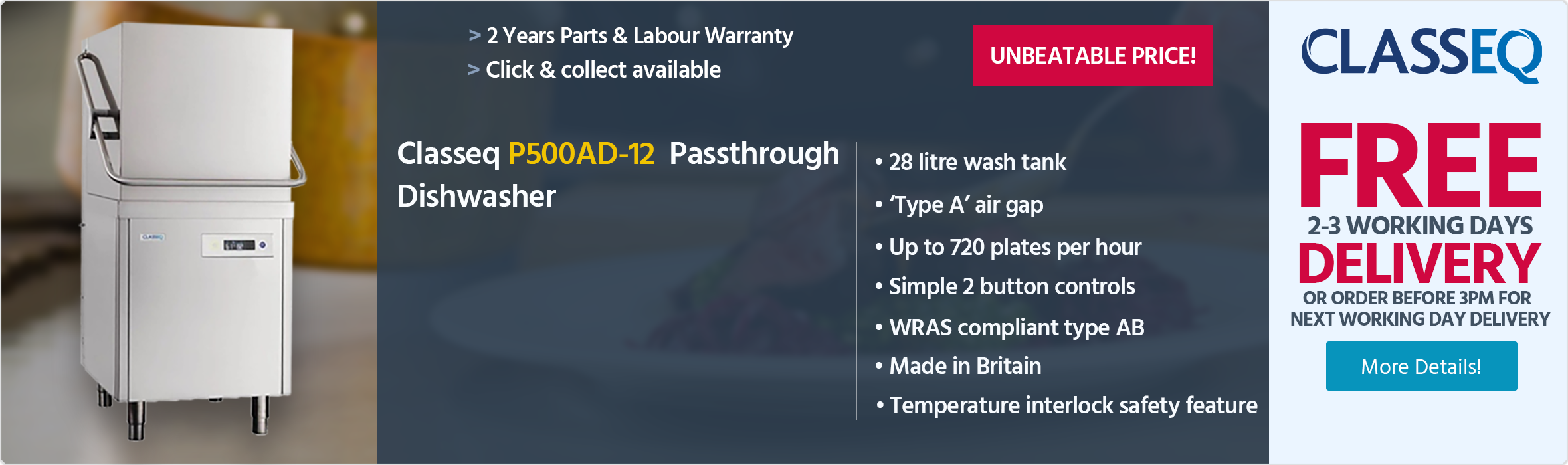 Classeq P500AD-12 500mm 18 Plate WRAS Approved Everyday Use Passthrough Dishwasher