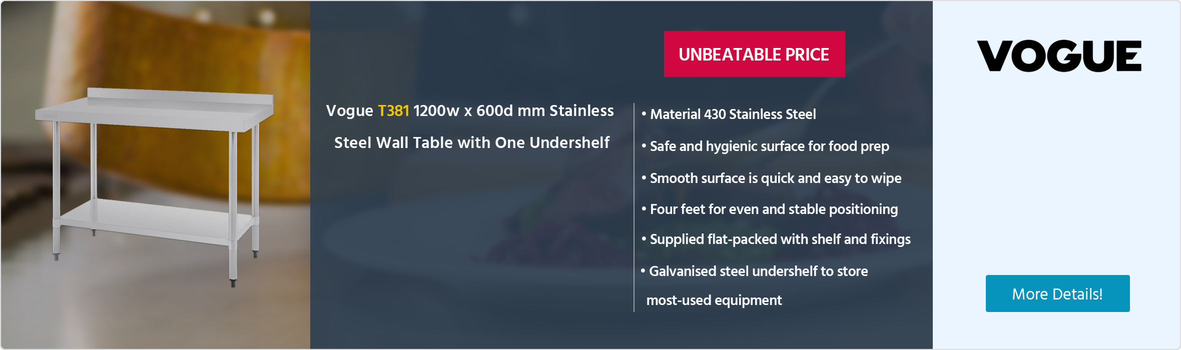 Vogue T381 1200w x 600d mm Stainless Steel Wall Table with One Undershelf