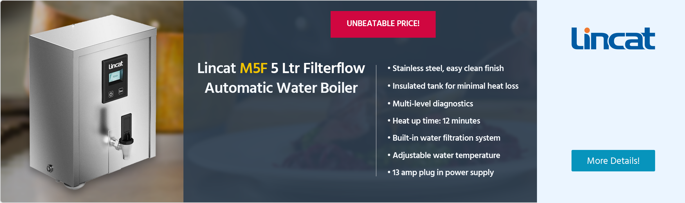Lincat Filterflow M5F 5 Ltr Wall Mounted Automatic Water Boiler With Filtration