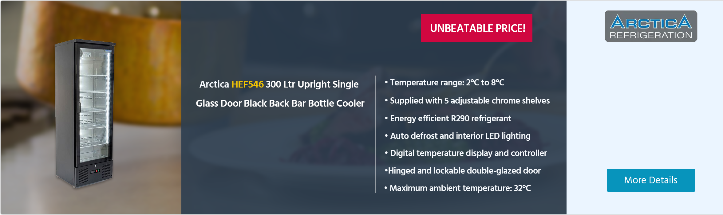 Arctica HEF546 300 Ltr Upright Single Glass Door Black Back Bar Bottle Cooler