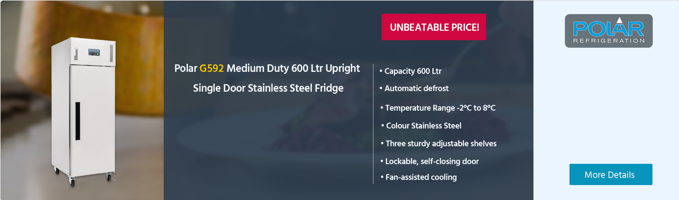 Polar G-Series G592 Medium Duty 600 Ltr Upright Single Door Stainless Steel Fridge