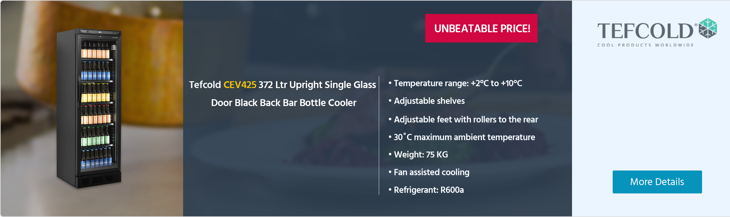 Tefcold CEV425 BLACK 372 Ltr Upright Single Glass Door Black Back Bar Bottle Cooler