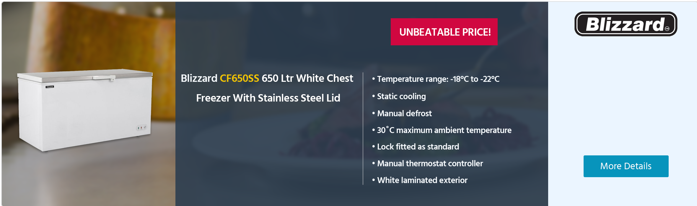Blizzard CF650SS 650 Ltr White Chest Freezer With Stainless Steel Lid