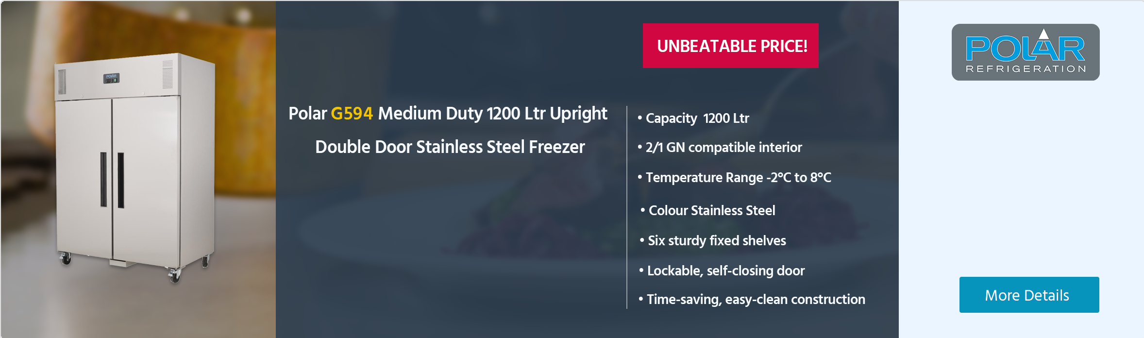 Polar G-Series G594 Medium Duty 1200 Ltr Upright Double Door Stainless Steel Fridge