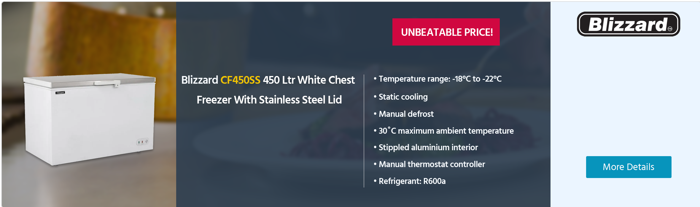 Blizzard CF450SS 450 Ltr White Chest Freezer With Stainless Steel Lid
