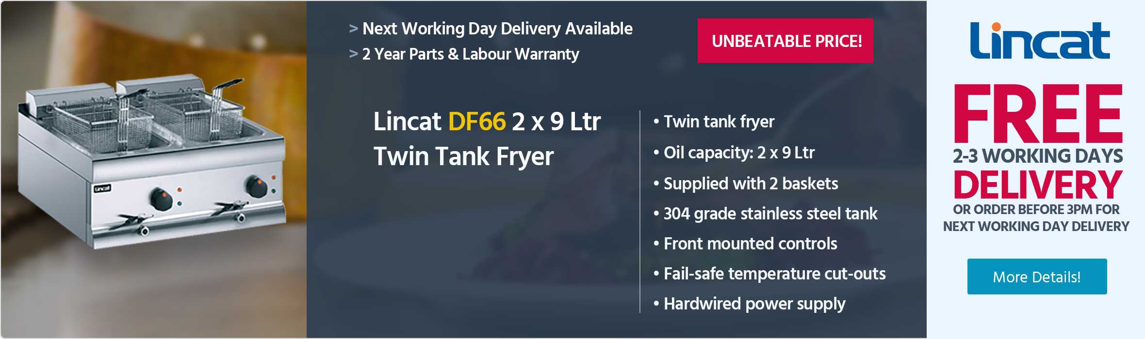Lincat Silverlink 600 DF66 2 x 9 Ltr Electric Counter-top Twin Tank Fryer (2 Baskets) - J537