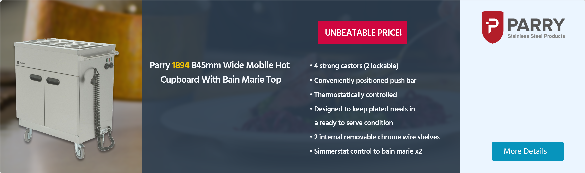 Parry 1894 845mm Wide Mobile Hot Cupboard With Bain Marie Top