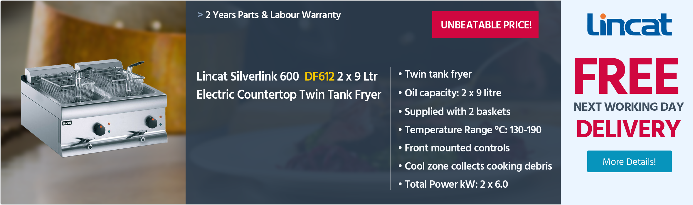 Lincat Silverlink 600 DF612 2 x 9 Ltr Electric Countertop Twin Tank Fryer (2 x Baskets)