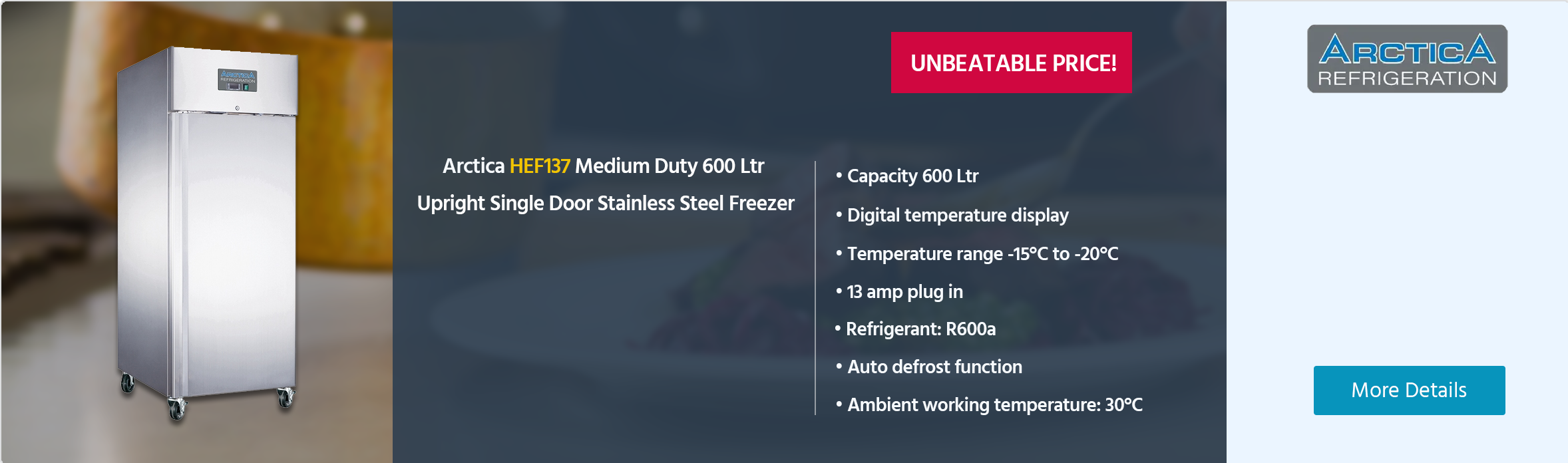 Arctica HEF137 Meduim Duty 600 Ltr Upright Single Door Stainless Steel Freezer