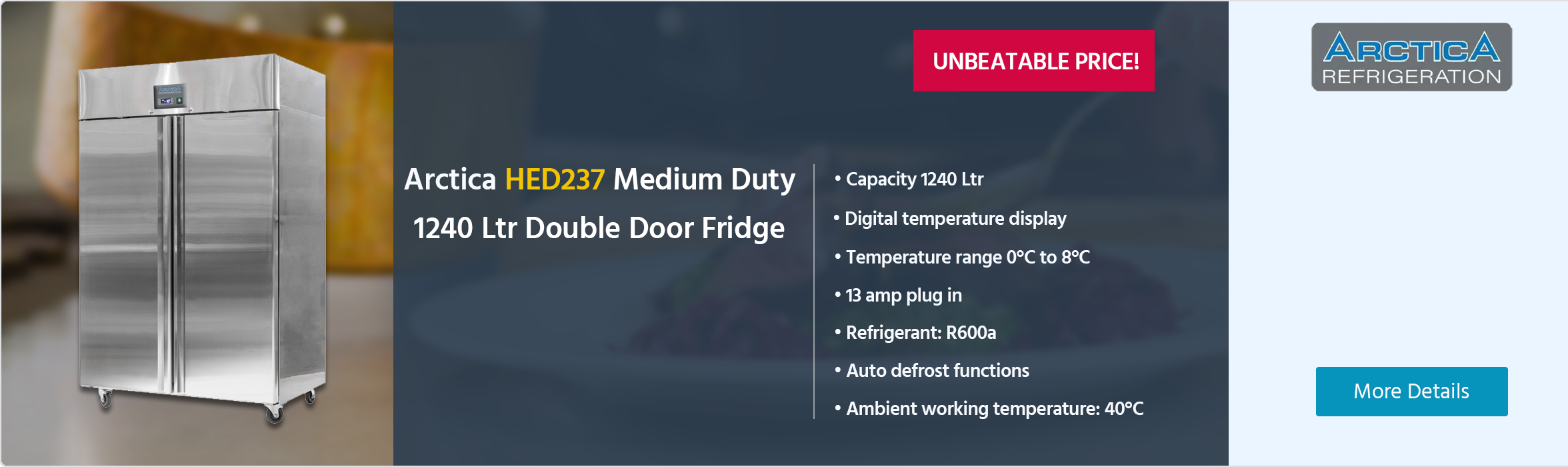 Arctica HED237 Medium Duty 1240 Ltr Upright Double Door Stainless Steel Freezer