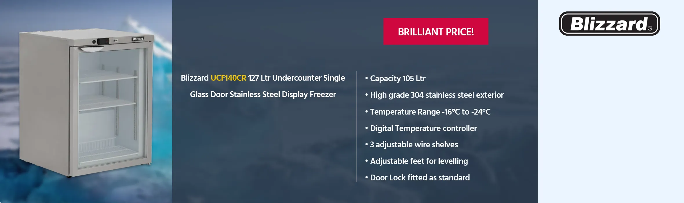 Blizzard UCF140CR 127 Ltr Undercounter Single Glass Door Stainless Steel Display Freezer