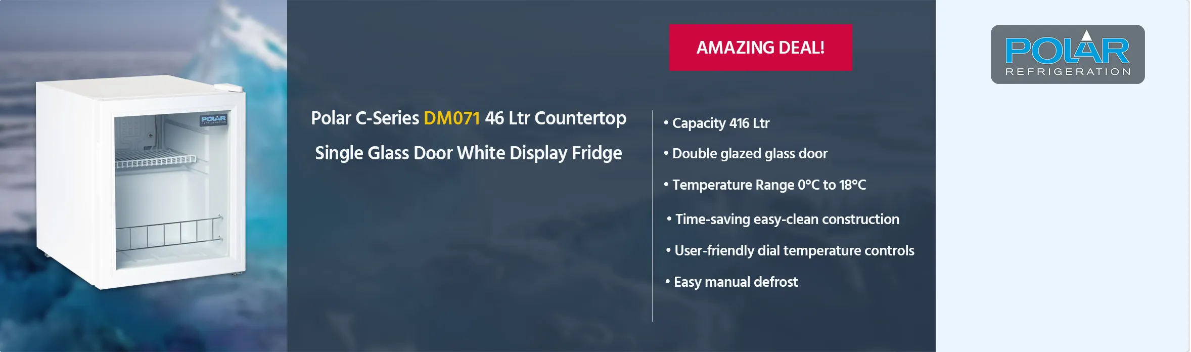 Polar C-Series DM071 46 Ltr Countertop Single Glass Door White Display Fridge