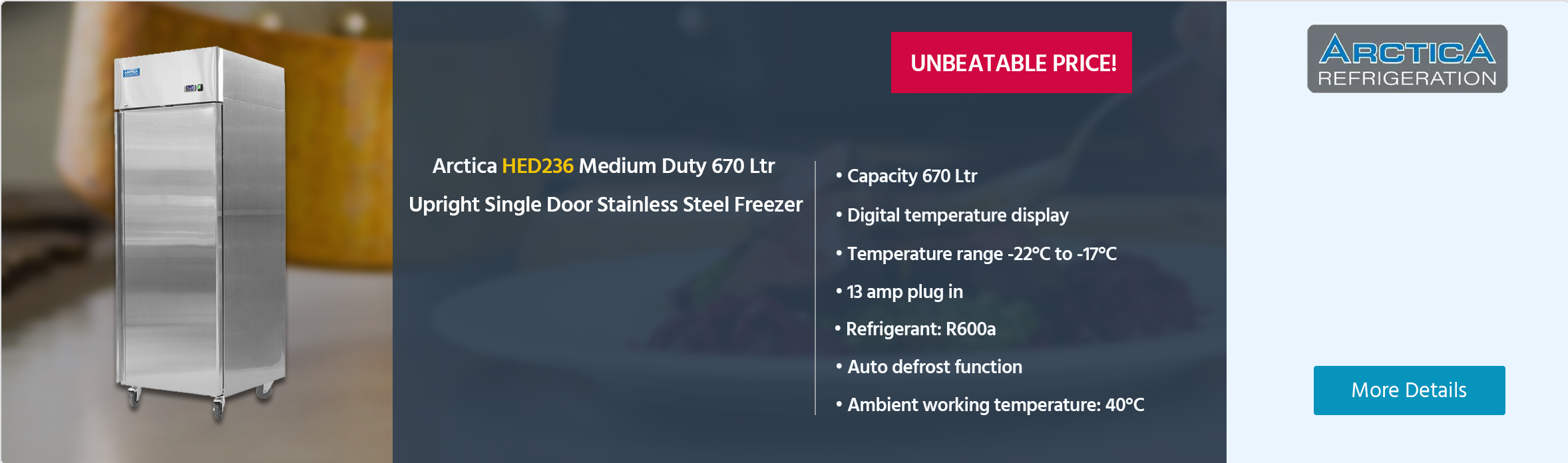 Arctica HED236 Medium Duty 670 Ltr Upright Single Door Stainless Steel Freezer