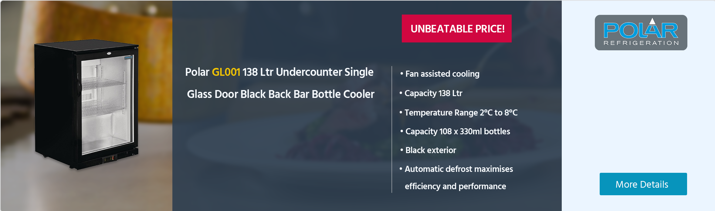 Polar G-Series GL001 138 Ltr Undercounter Single Glass Door Black Back Bar Bottle Cooler