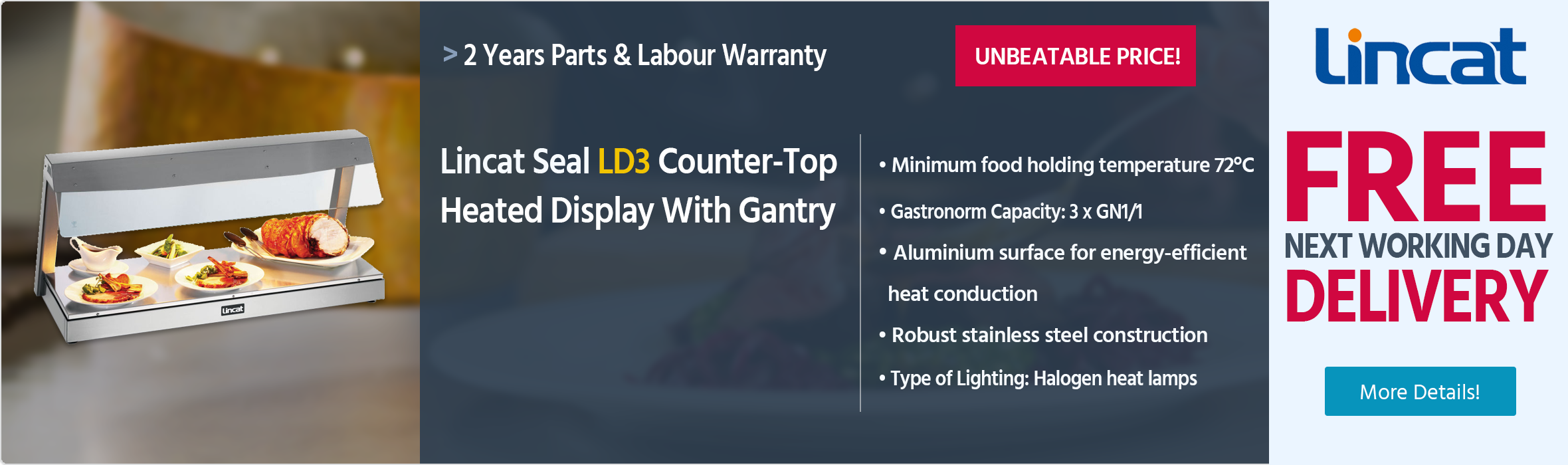 Lincat Seal LD3 Counter-Top Heated Display With Gantry (3 x 1/1 GN)