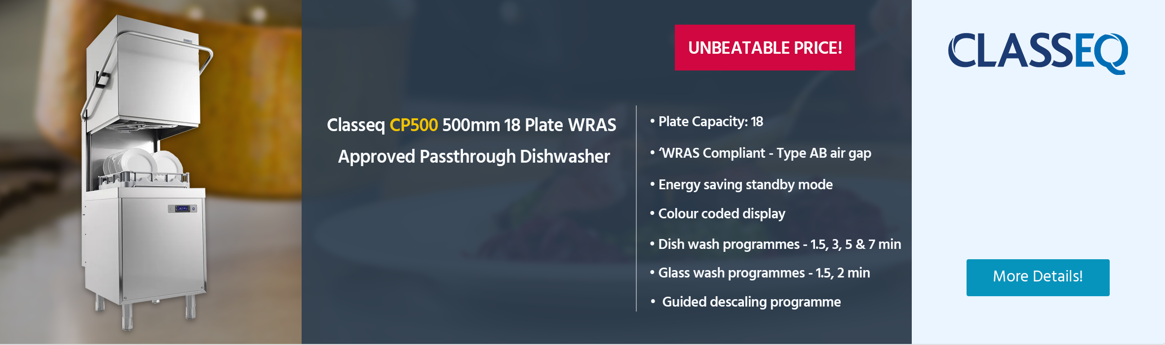 Classeq CP500 500mm 18 Plate WRAS Approved Passthrough Dishwasher