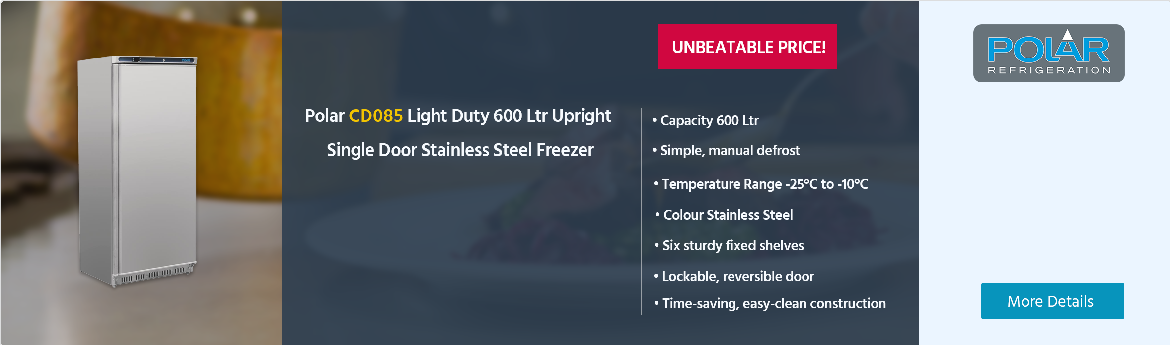 Polar C-Series CD085 Light Duty 600 Ltr Upright Single Door Stainless Steel Freezer