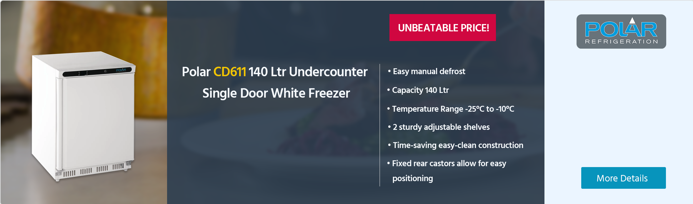 Polar C-Series CD611 140 Ltr Undercounter Single Door White Freezer