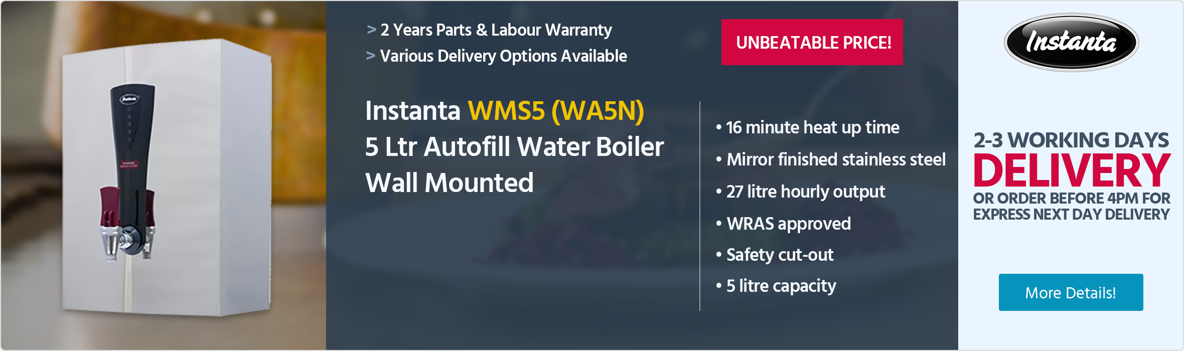 Instanta WMS5 (WA5N) 5 Ltr Autofill Water Boiler Wall Mounted