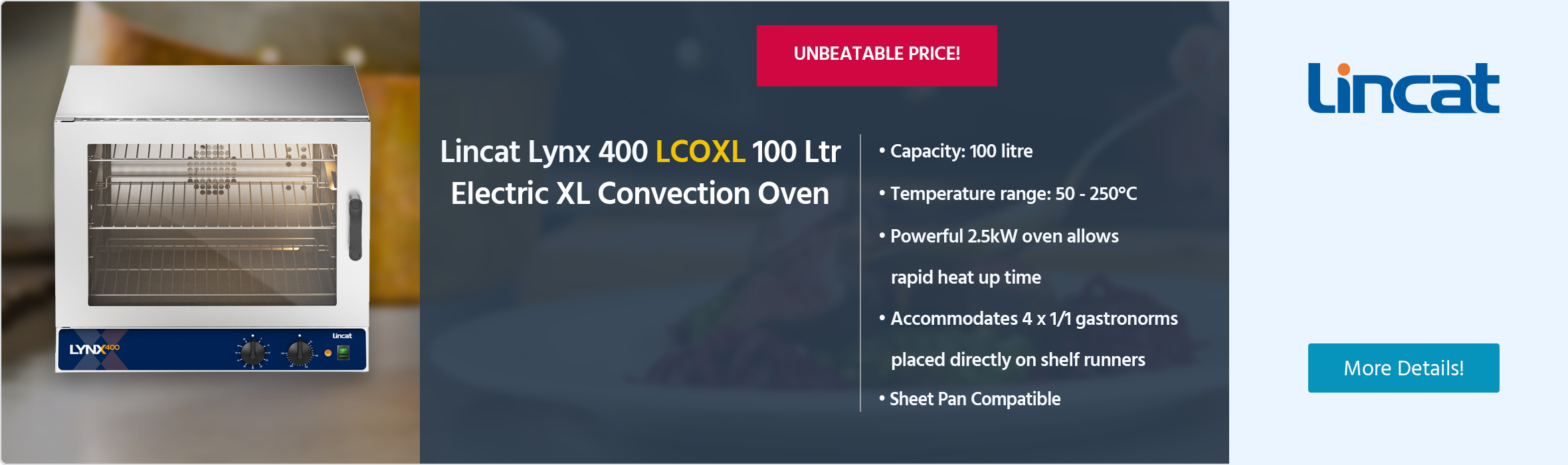 Lincat Lynx 400 LCOXL Medium Duty 100 Ltr Electric Manual Countertop XL Convection Oven